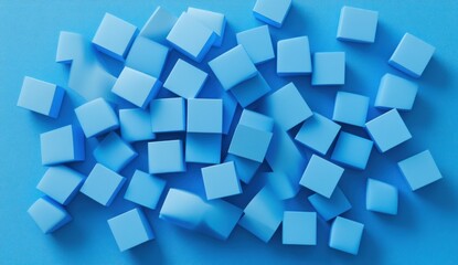 Fototapeta premium Abstract background of scattered light blue cubes on blue surface.