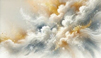 Fototapeta premium Abstrakter Winterhintergrund mit wirbelnden Schneeakzenten und dezenten Weiß- und Blautönen, die eine frostige, ruhige Atmosphäre schaffen. Generative KI.