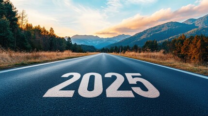 Inspiring Scenic Road Leading Towards the Future with the Year 2025 Marked on the Asphalt Surrounded by Majestic Mountains and Lush Greenery