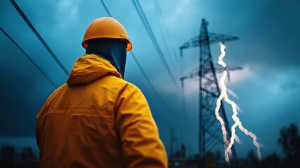 Worker in Yellow Raincoat Observing Lightning Striking Electricity Tower Under Dark Stormy Sky at Night