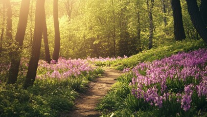 Sunlit Path Through a Flowery Forest