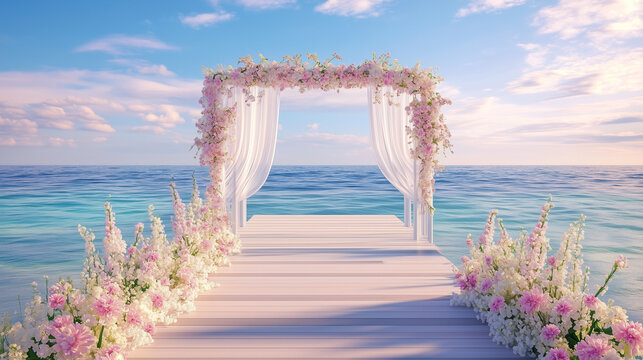 Romantic wedding arch for vows by the ocean with pink and white florals. 