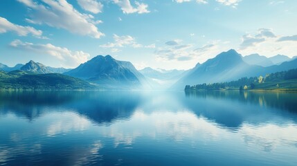 Serene mountain landscape reflecting in a calm lake under a clear sky.