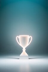Glowing trophy on a pedestal, illuminated with dramatic lighting, for awards and celebrations.