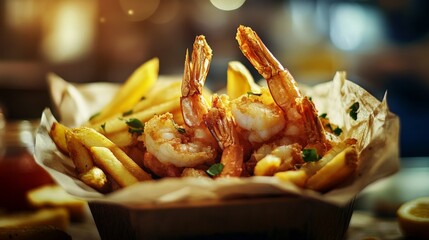 Crispy Fried Shrimp with Golden Fries on Rustic Table