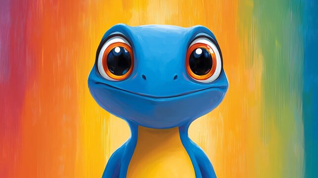 Adorable blue frog character with large eyes, cheerful expression, on colorful background.