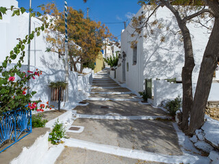 Schmale Straße mit weiß getünchten Häuser im Bergdorf Lagada, Amorgos, Kykladen, Griechenland, Europa