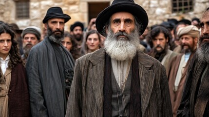 Fototapeta premium Historical Gathering in Traditional Attire at Stone Building