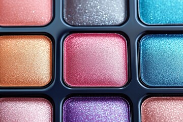 Fototapeta premium makeup palette displayed under soft lighting, featuring an array of shimmer and matte shades