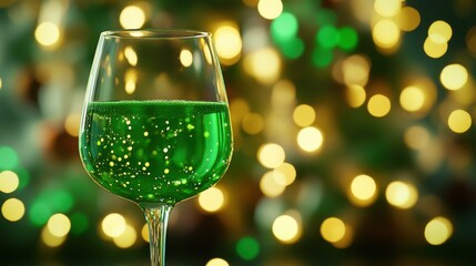Festive Green Sparkling Drink with Golden Bokeh Lights for Holiday Celebrations. Non-alcoholic month. Dry January is public health campaign