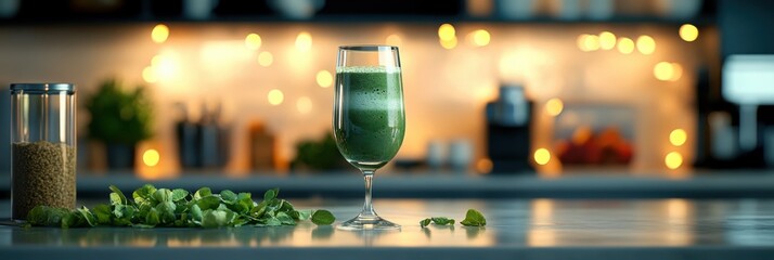 Refreshing Green Smoothie in Elegant Glass with Fresh Ingredients in Cozy Kitchen. Non-alcoholic month. Dry January is public health campaign