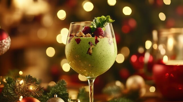 Festive Holiday Green Drink with Christmas Lights. Non-alcoholic month. Dry January is public health campaign - Powered by Adobe