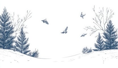 Fototapeta premium Happy New Year, winter landscape with spruce trees and flying birds on a white background. New Year card design, Russian winter. snowflakes falling from the sky and tall fir trees. 