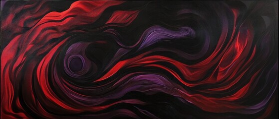 Abstract swirling patterns in deep red and purple tones on black.