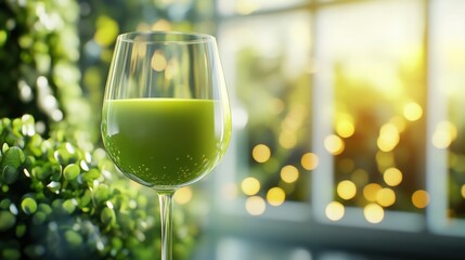 Refreshing Green Juice in Elegant Glass at Sunlit Cafe. Non-alcoholic month. Dry January is public health campaign