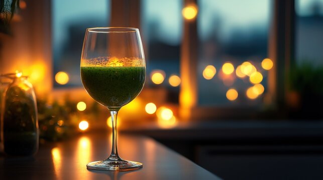 Evening Ambiance with Refreshing Green Smoothie in Elegant Glassware. Non-alcoholic month. Dry January is public health campaign