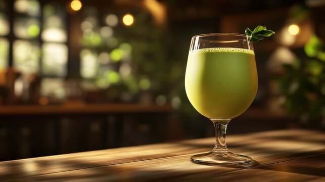 Refreshing Green Smoothie on a Wooden Table in Cozy Cafe. Non-alcoholic month. Dry January is public health campaign