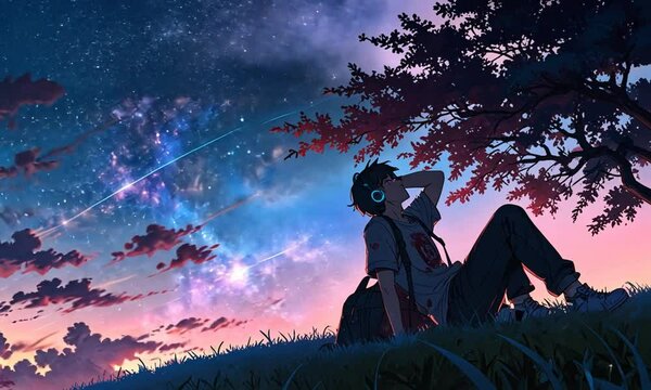 a boy is sitting under tree listening to music, anime style video