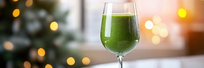 Festive Green Smoothie in Wine Glass. Non-alcoholic month. Dry January is public health campaign