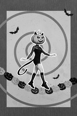 Collage banner of young attractive devil demon lady headless witch horror pumpkin head walk...
