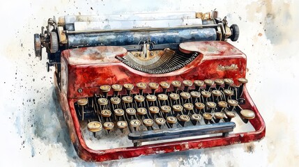 An old typewriter on a white background, watercolor illustration
