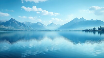 Serene mountain landscape reflecting in calm waters under a blue sky.