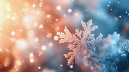 A background of light pastel blue and peach with snowflakes, bokeh lights in the background


