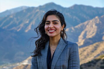 Naklejka premium Portrait of a happy indian woman in her 20s dressed in a stylish blazer isolated in backdrop of mountain peaks