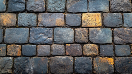 Obraz premium Top down view of tiny uniform gray pavers from roman road, staggered.