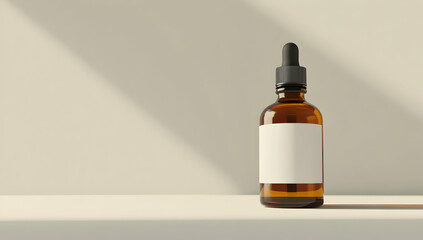 3D rendering of a blank white label on an amber glass dropper bottle mockup on a light background