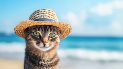 Summer-ready cat in a straw hat, blurred sandy beach and ocean waves in the background, warm and vibrant