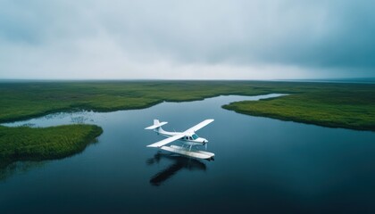Naklejka premium Aerial View of a Seaplane Landing on a Calm Waterbody Surrounded by Lush Green Marshlands in a Misty Landscape