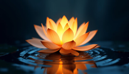 Glowing golden lotus flower on water with ripples in dark ambiance, serene aquatic art