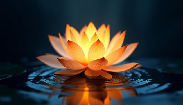 Glowing golden lotus flower on water with ripples in dark ambiance, serene aquatic art