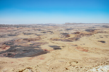 desert landscape aerial horizontal panorama view dry waste land dunes mist and smoke polluted condition weather time