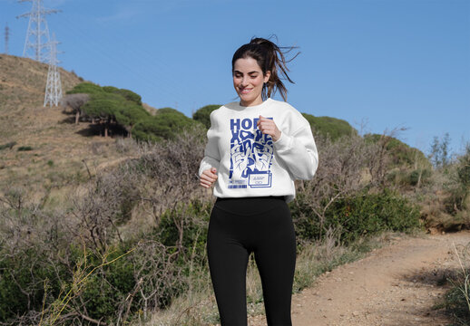 Mockup Of Woman Running In Customizable Sweatshirt