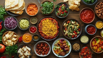 Fototapeta premium Top view of various fast foods, sauces, and sides on a rustic wooden table, vibrant colors and textures