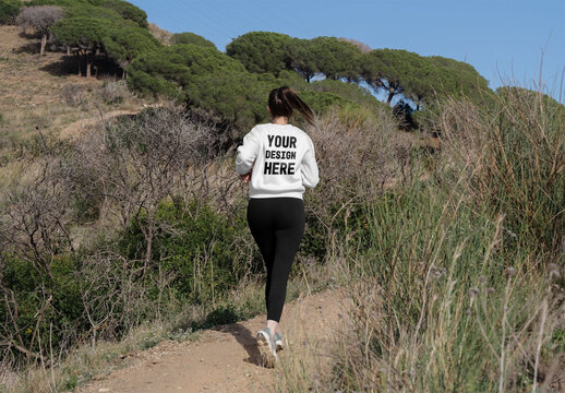Mockup Of Woman Running In Customized Sweatshirt, Back