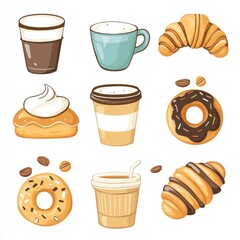 A Colorful Arrangement of Coffee and Pastries Featuring Various Drinks and Sweet Treats Ideal for Foodies, Cafes, and Culinary Enthusiasts