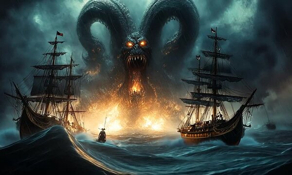 A dramatic scene of ships facing a monstrous sea creature amidst turbulent waters.