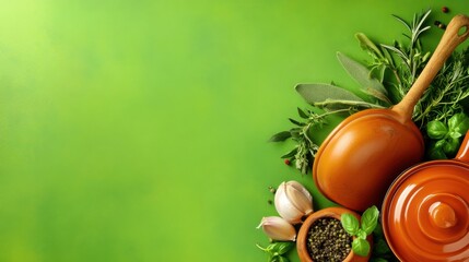 Clay pots and fresh herbs on a vibrant green background evoke culinary creativity, AI