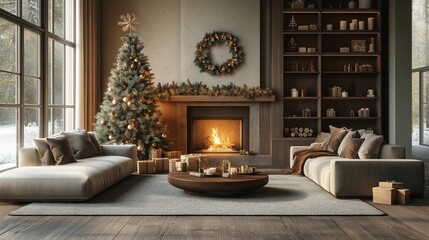 Cozy Living Room Decorated for Christmas with Tree and Fireplace