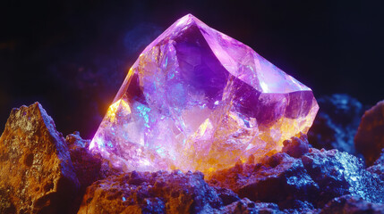 Obraz premium stunning purple crystal resting on rocky terrain, radiating light