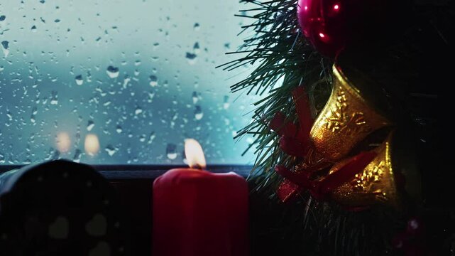 Holy Christmas New Year Eve Decoration and Gift Boxes on Candle Light Near the Window Glass in Rainy Day