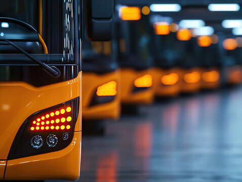 Electric buses lined up in modern facility, showcasing their bright orange lights and sleek design. atmosphere is vibrant and futuristic, highlighting advancements in public transport