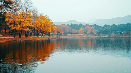 the beautiful landscape of Nami island during the autumn foliage, Korea.