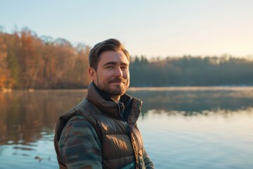 Fototapeta premium Portrait of a blissful caucasian man in his 30s dressed in a thermal insulation vest isolated on serene lakeside view