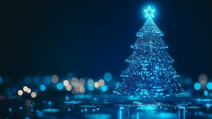 A glowing digital Christmas tree, crafted from microchips, stands tall against a blurred backdrop of blue lights; a futuristic festive scene.