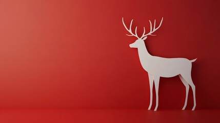 Minimalist Christmas Reindeer: A festive, white papercut deer silhouette against a vibrant red background. Perfect for holiday cards!