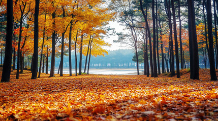 the beautiful landscape of Nami island during the autumn foliage, Korea.